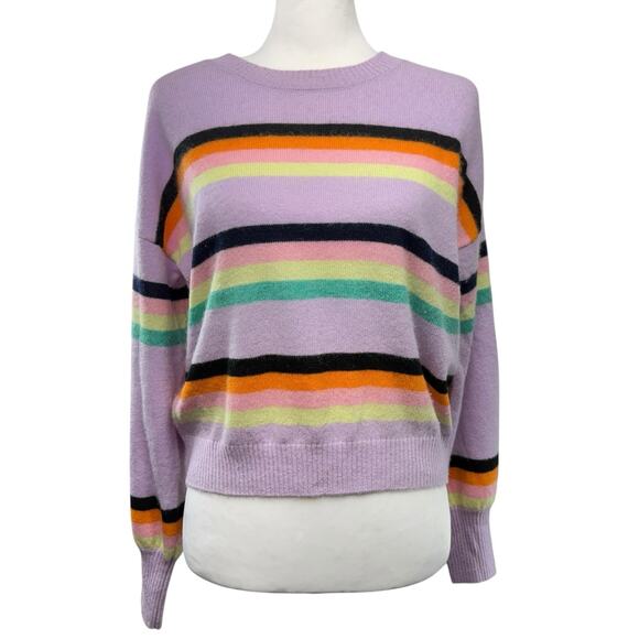 Brodie Cashmere Pop Striped Sweater Women Size S Crew Neck Pullover Purple Crop - Picture 1 of 8